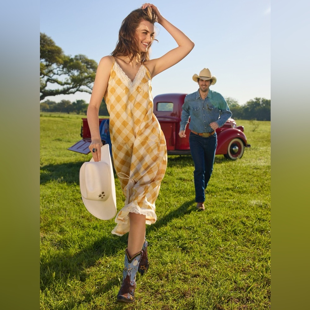 Double D Ranch Yellow Gingham Midi Slip Dress with Lace Trim